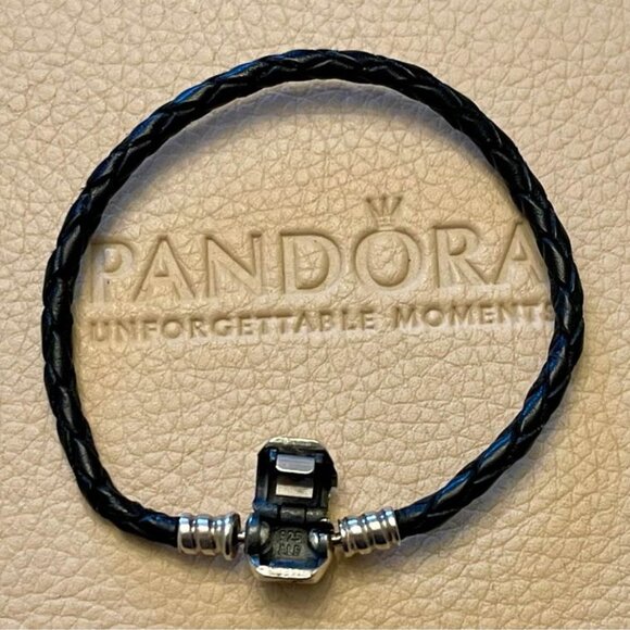Authentic Pandora Black Leather Bracelet Braided Silver Barrel Clasp Size Small - Picture 2 of 3